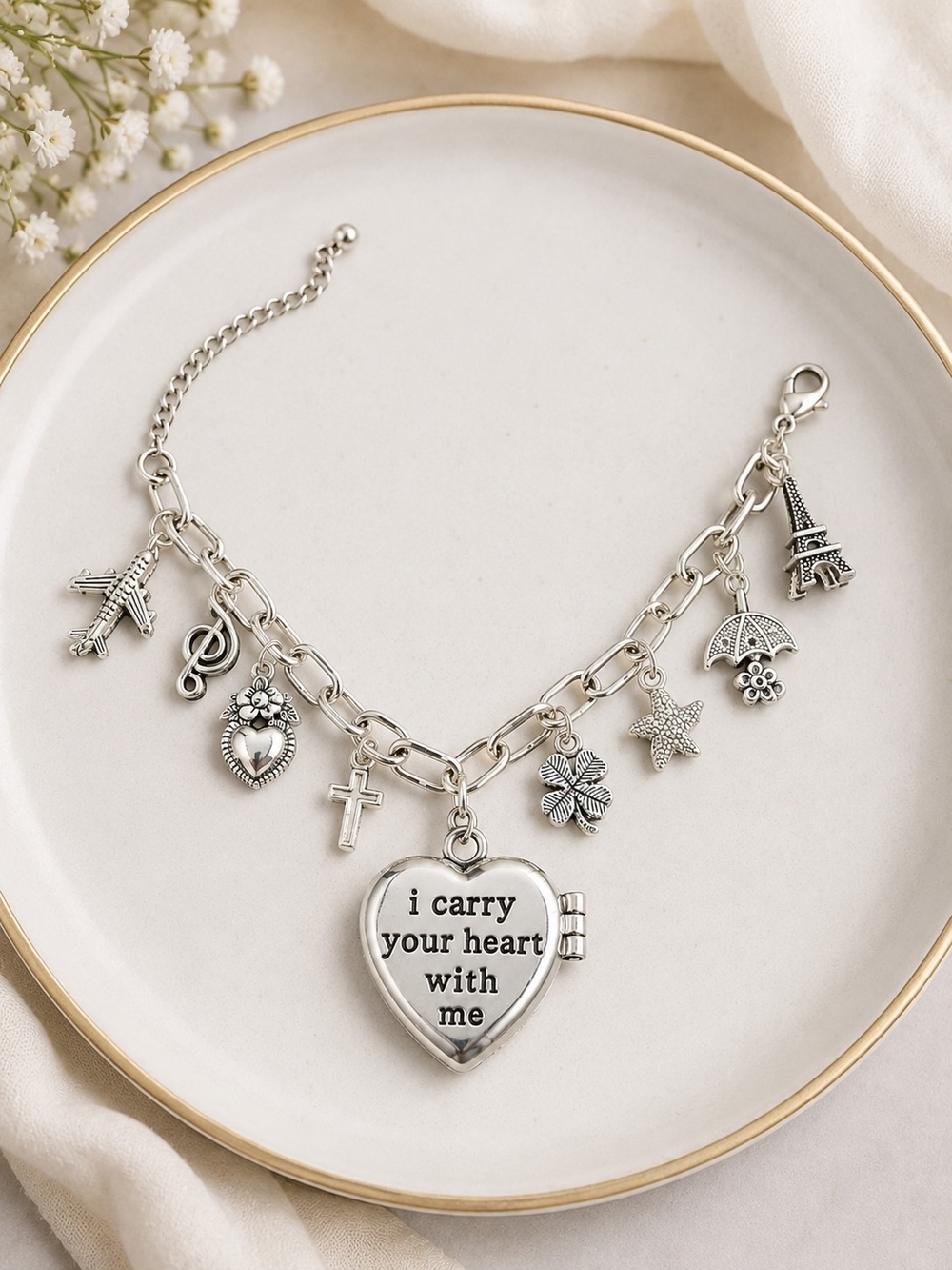 Silver Heart Locket Charm Bracelet - I Carry Your Heart With Me